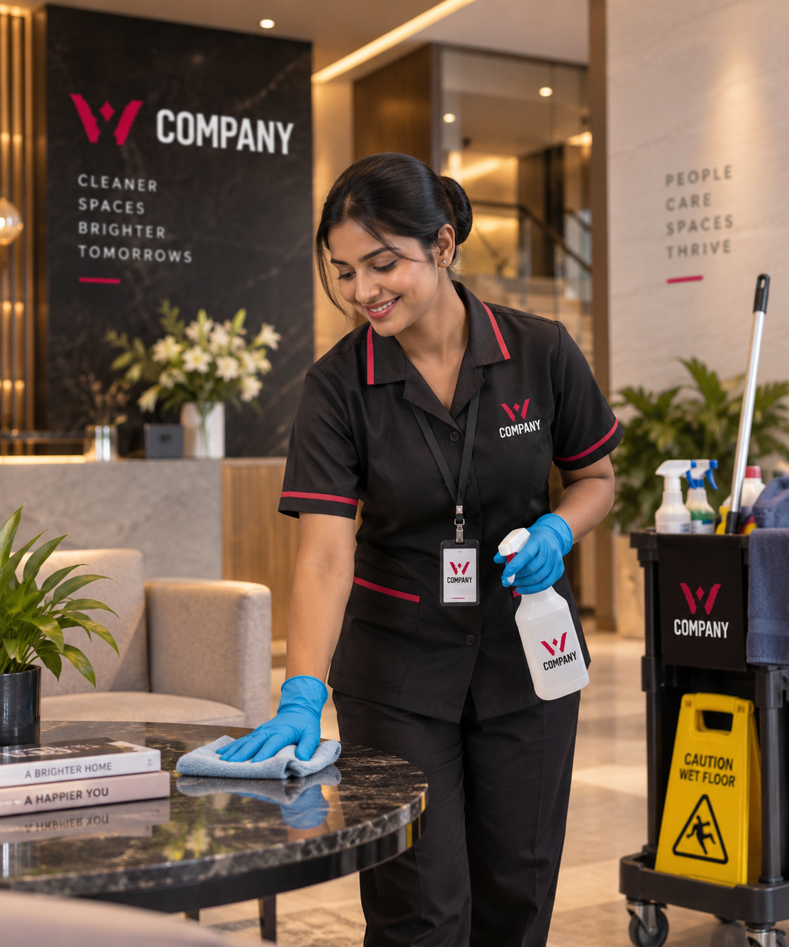 W Company housekeeping staff cleaning a hotel lobby