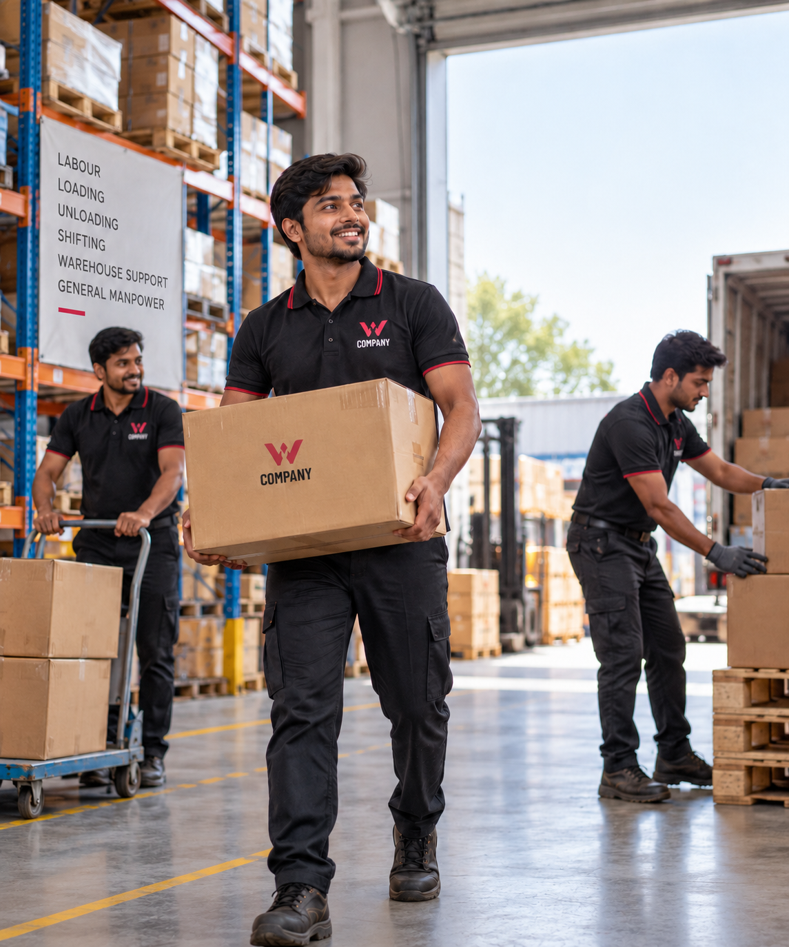 W Company general manpower loading cartons at a warehouse